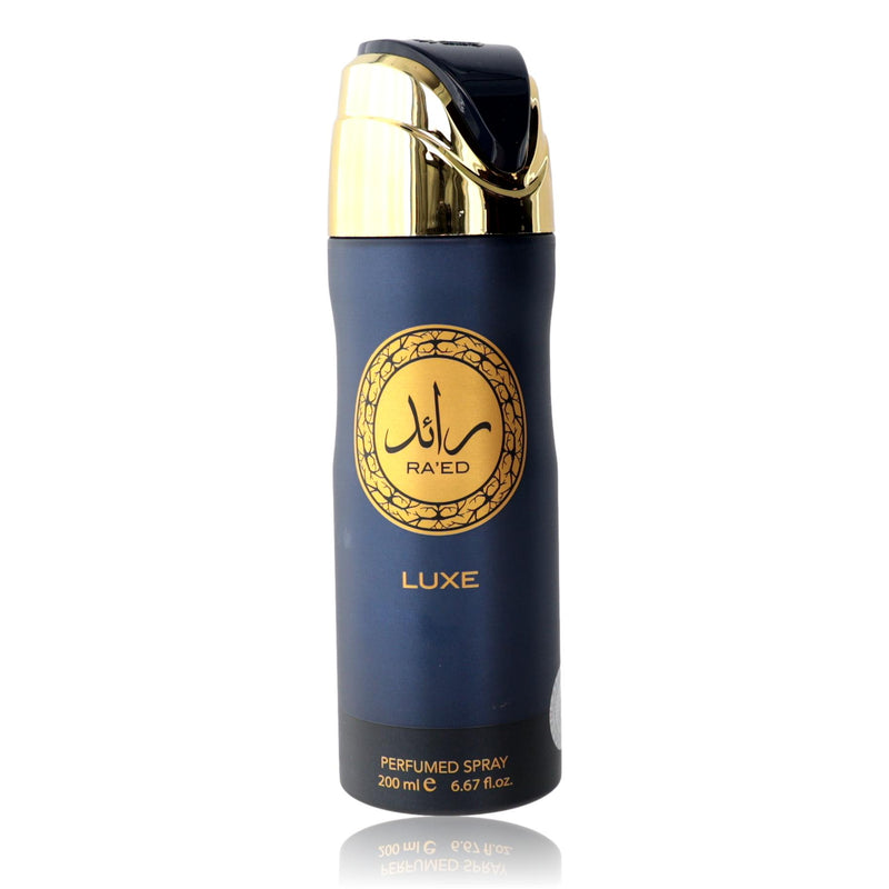 Lattafa Ra'ed Luxe unisex perfumed deodorant spray, 6.7 oz bottle with sleek design and elegant branding on the label.