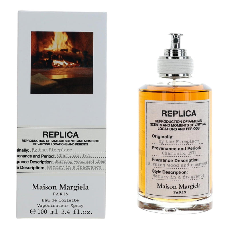 Maison Margiela Replica By The Fireplace 3.4oz unisex EDT spray bottle with minimalist design and white cap.