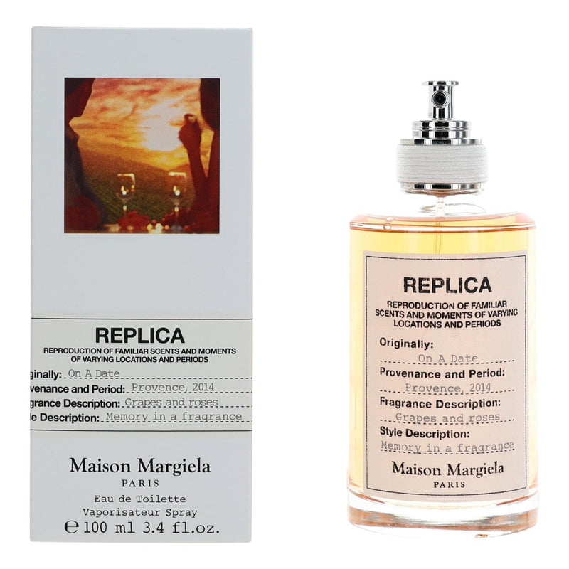 Maison Margiela Replica On A Date unisex 3.4 oz EDT spray bottle, sleek design with the perfume visible.