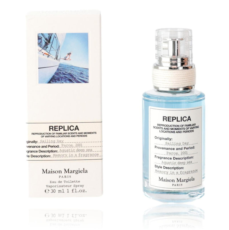 Maison Margiela Replica Sailing Day 1 oz unisex EDT spray bottle with minimalist packaging and clear branding.