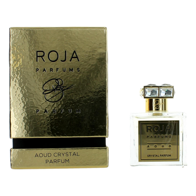 Roja Aoud 3.4 oz unisex crystal parfum spray bottle with elegant packaging and clear glass design.