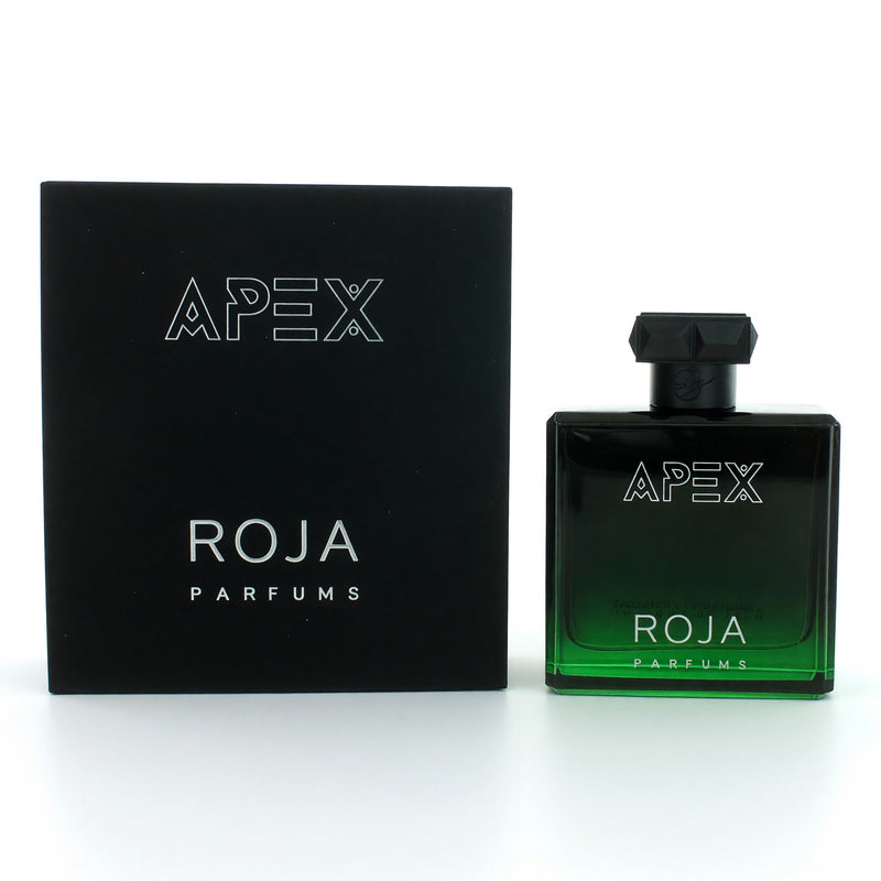 A 3.4 oz Roja Apex men's Eau de Parfum spray bottle displayed, featuring sleek packaging and branding for Roja Parfums.