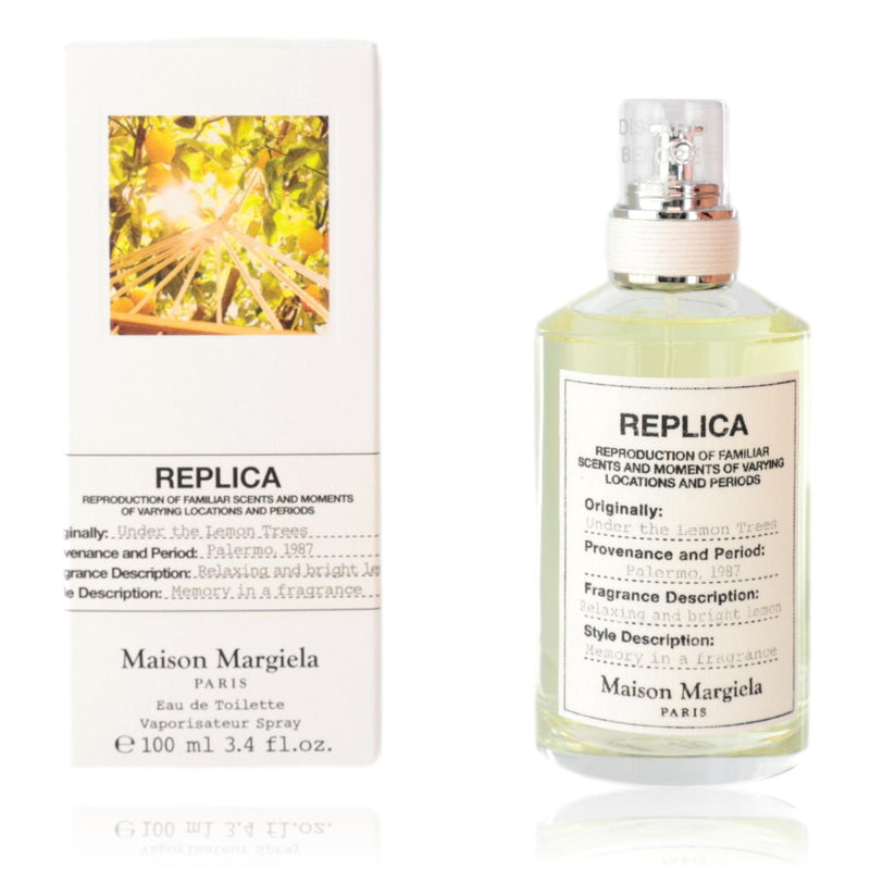 Maison Margiela Replica Under The Lemon Trees 3.4oz unisex EDT spray, showing the perfume bottle with lemon and green foliage design.