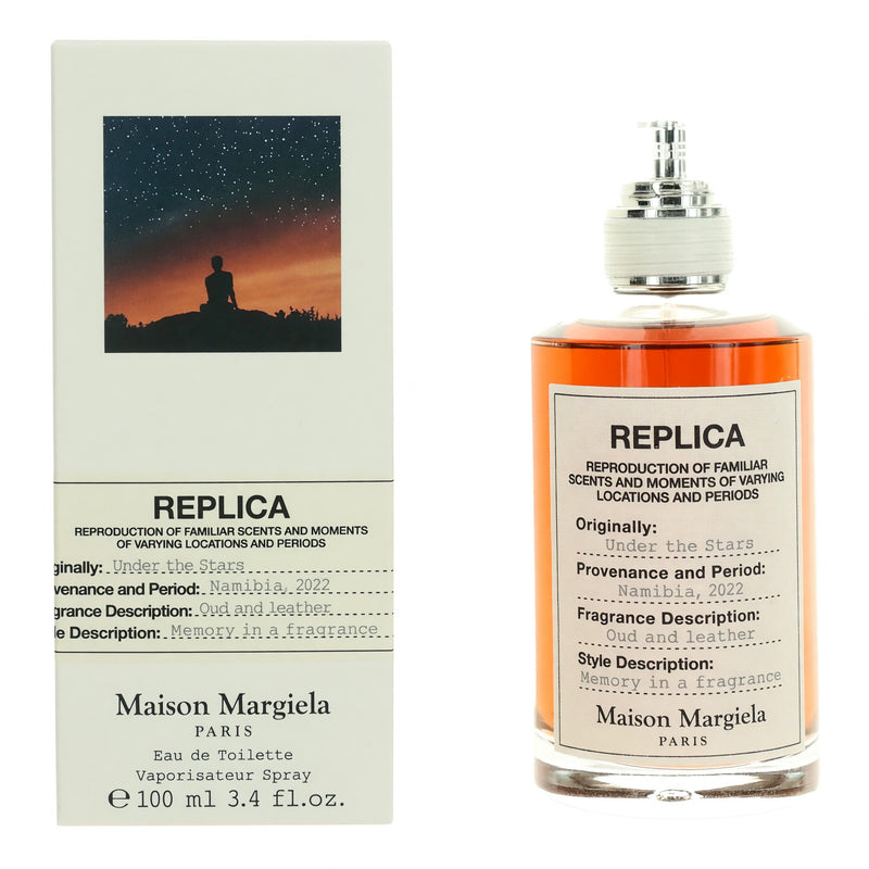 Maison Margiela Replica Under the Stars unisex 3.4 oz EDT spray bottle with sleek packaging and minimalist design.