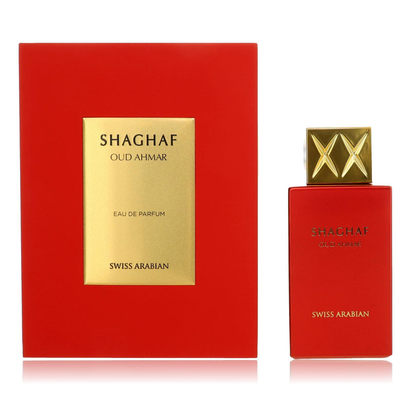 Swiss Arabian Shaghaf Oud Ahmar 2.5 oz unisex EDP spray bottle with elegant packaging and gold accents.