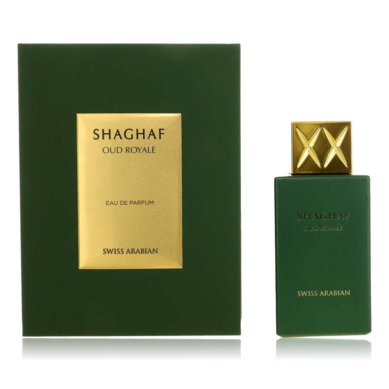 Swiss Arabian Shaghaf Oud Royale 2.5 oz EDP spray for unisex, with elegant perfume bottle and intricate design.