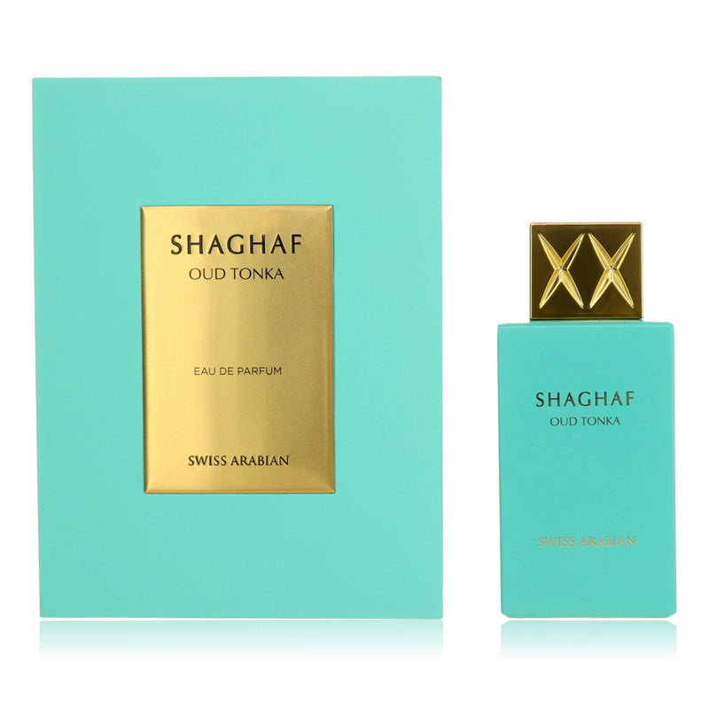 Swiss Arabian Shaghaf Oud Tonka 2.5 oz unisex EDP spray bottle showing the elegant perfume packaging.