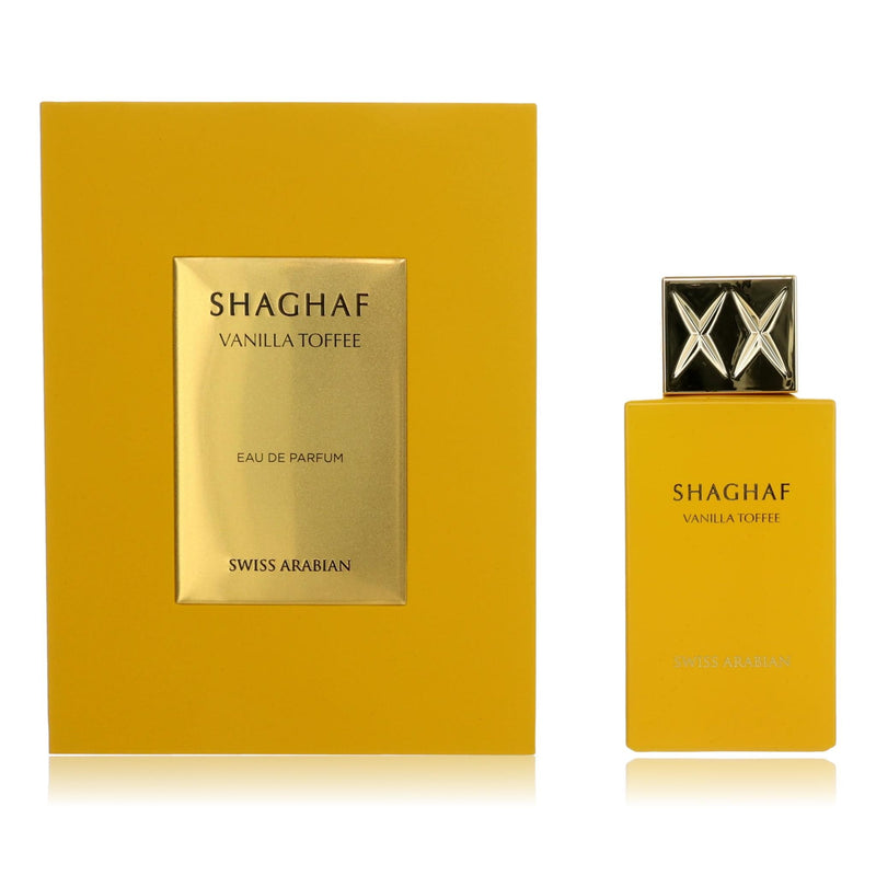 Shaghaf Vanilla Toffee by Swiss Arabian 2.5 oz unisex EDP spray bottle, featuring a sleek design and clear branding.