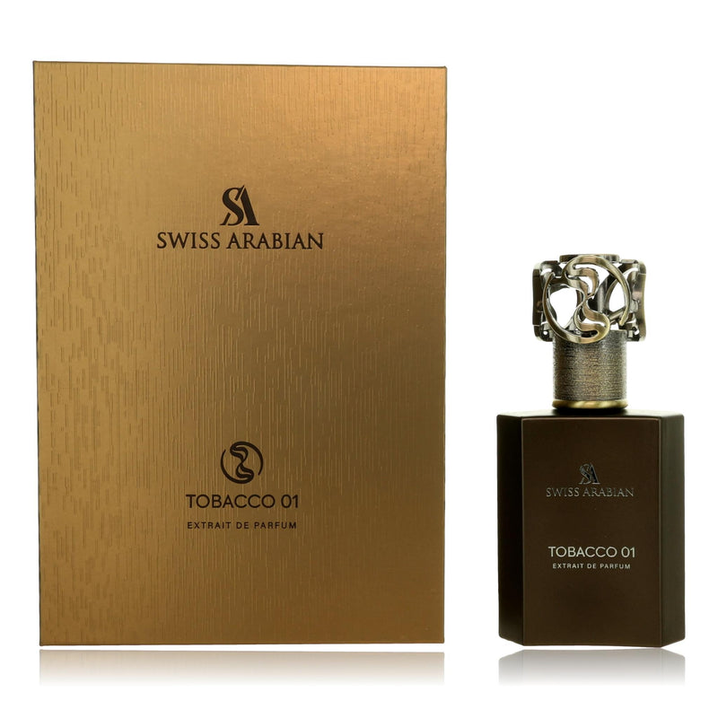 Swiss Arabian Tobacco 01 unisex extrait de parfum spray bottle, 1.7 oz, with elegant packaging and rich, smoky scent.