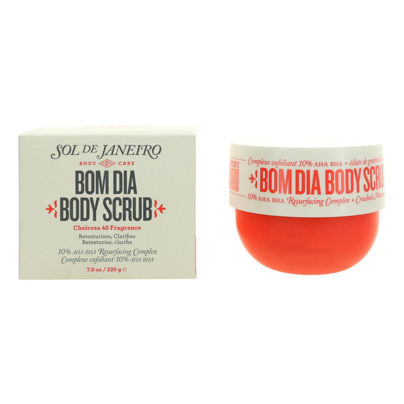 Sol De Janeiro Bom Dia Body Scrub in 7.8 oz container, showing the physical body scrub with textured exfoliating particles.
