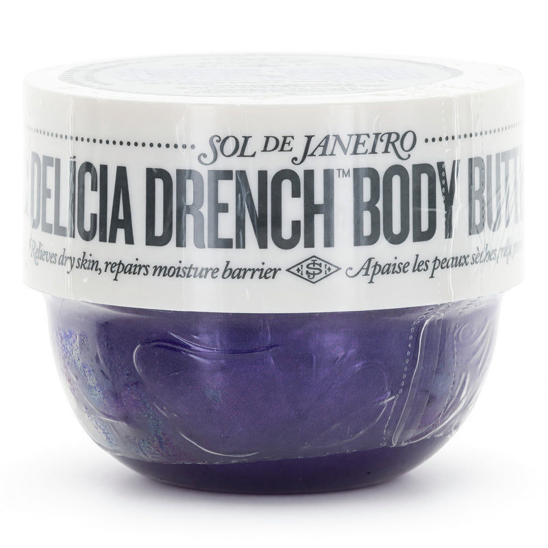 Sol De Janeiro Delicia Drench 2.5 oz body butter jar with creamy texture and tropical scent, packaging visible in the image.
