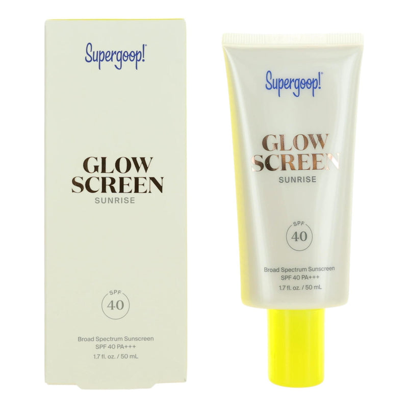 Supergoop Glow Screen SPF 40 physical sunscreen in a 1.7 oz tube with a luminous, sun-kissed finish.