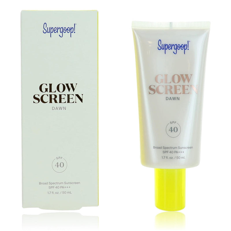 Supergoop Glow Screen SPF 40 physical sunscreen in 1.7 oz bottle showing glowing, luminous finish on the skin.