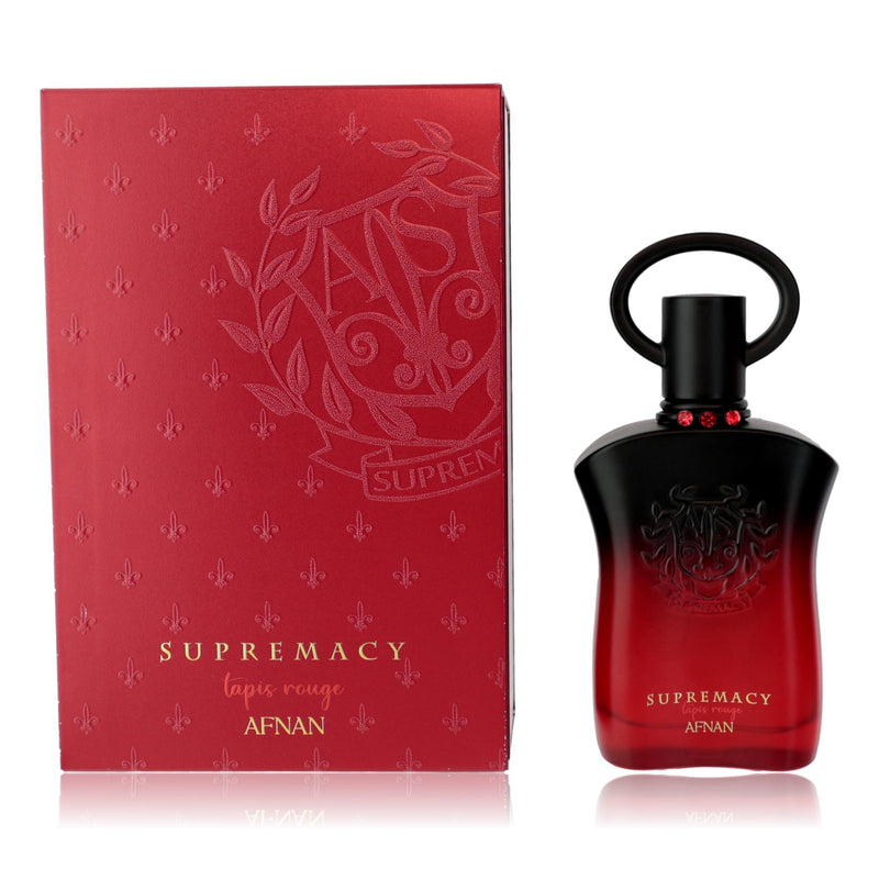 Afnan Supremacy Tapis Rouge 3 oz EDP spray for women, elegant perfume bottle with red accents and gold details.