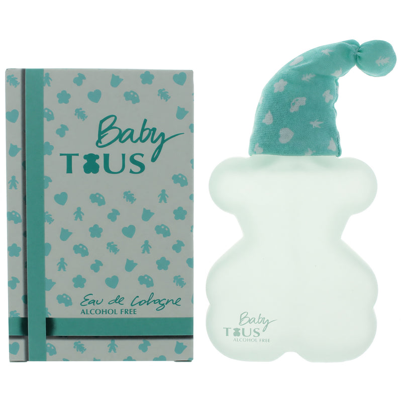 Tous Baby unisex eau de cologne bottle, 3.4 oz, alcohol-free, featuring a playful design and soft pastel colors.