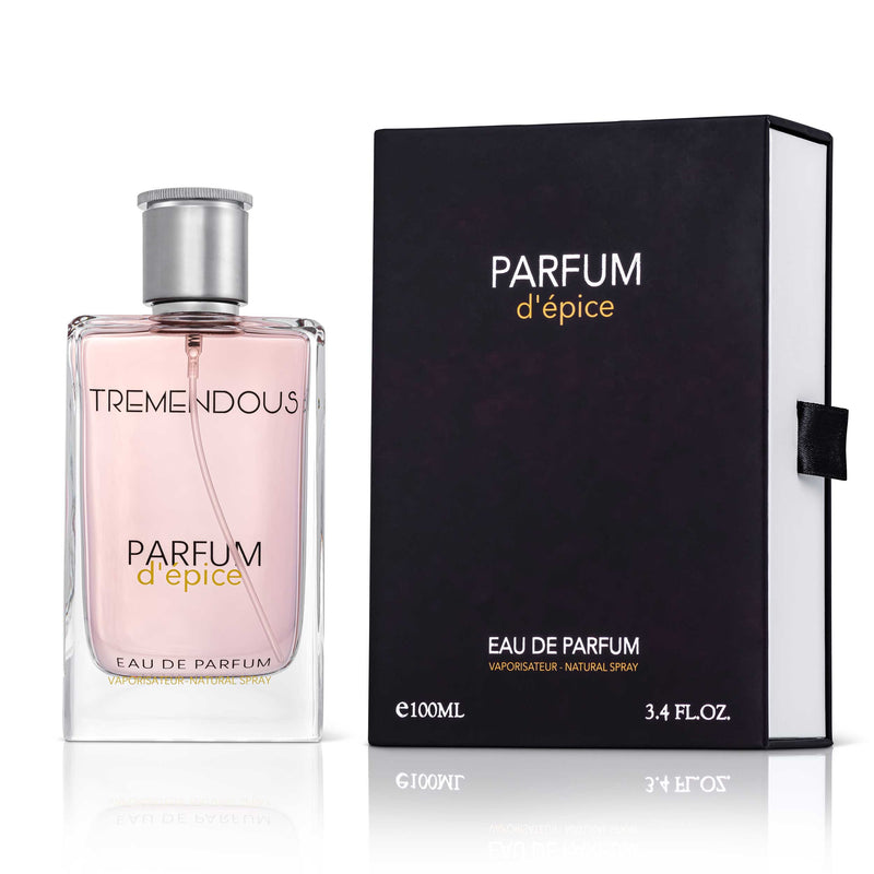 Tremendous Parfums Parfum d'épice 3.4 oz unisex EDP spray bottle, elegant packaging and design.