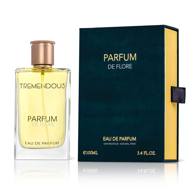 Tremendous Parfums Parfum De Flore 3.4 oz unisex EDP spray bottle with floral design on the packaging.