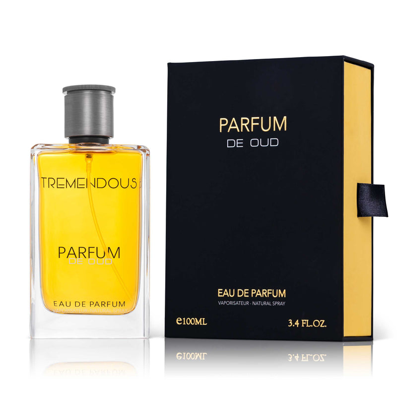 Tremendous Parfums Parfum De Oud 3.4 oz unisex EDP spray bottle with elegant packaging and dark amber fragrance liquid