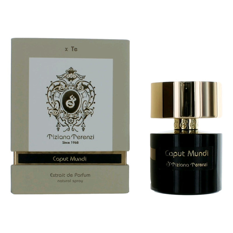 Tiziana Terenzi Caput Mundi 3.4oz unisex extrait de parfum spray bottle with elegant design and branding.