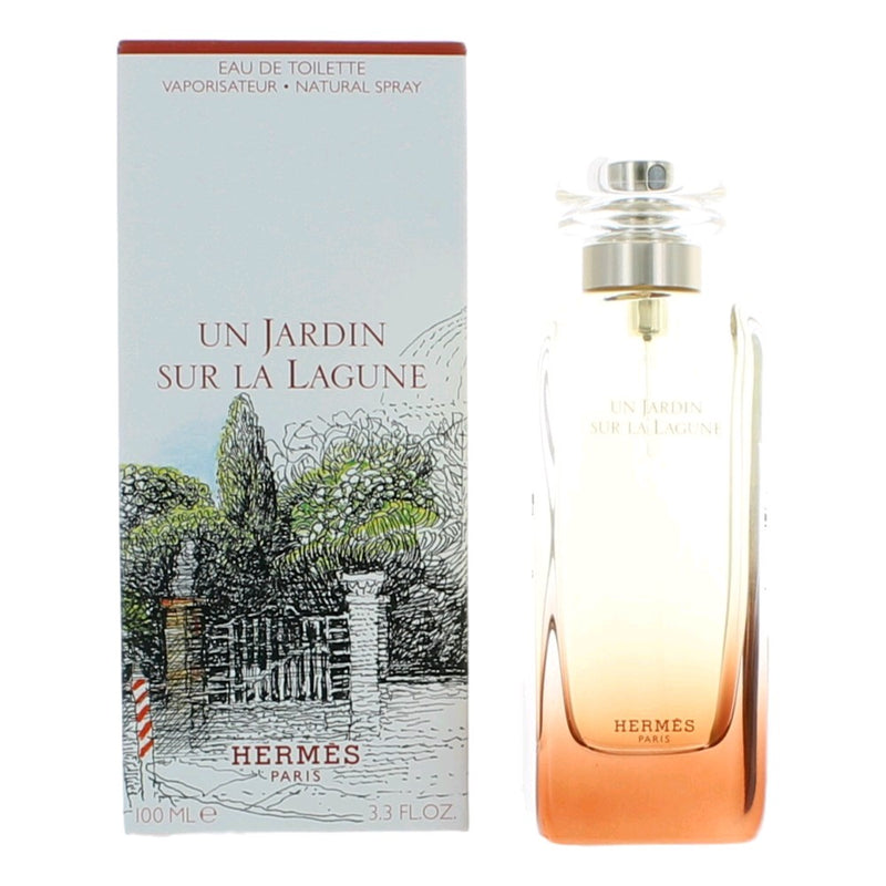 Hermes Un Jardin Sur La Lagune 3.3 oz unisex EDT spray bottle, elegant design, fresh and floral fragrance for both men and women.
