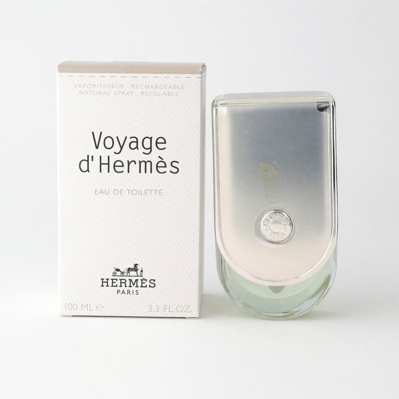 Hermes Voyage d'Hermes unisex 3.3 oz EDT refillable spray bottle, sleek physical design with elegant packaging.
