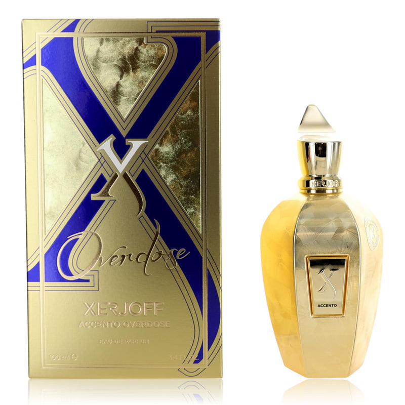 Xerjoff Accento Overdose 3.4 oz unisex EDP spray bottle with elegant packaging and silver cap.