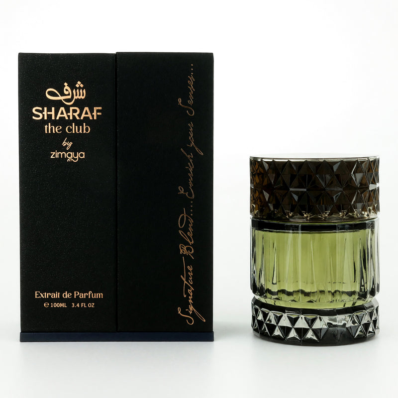 Zimaya Sharaf the Club unisex 3.4 oz extrait de parfum bottle with elegant design, showcasing the fragrance's luxurious packaging.