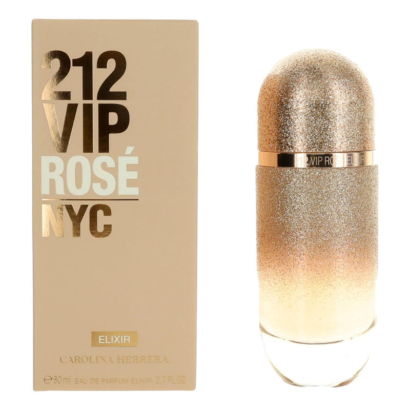 212 VIP Rose Elixir by Carolina Herrera 2.7oz EDP spray for women, featuring a sleek glass bottle with rose accents.