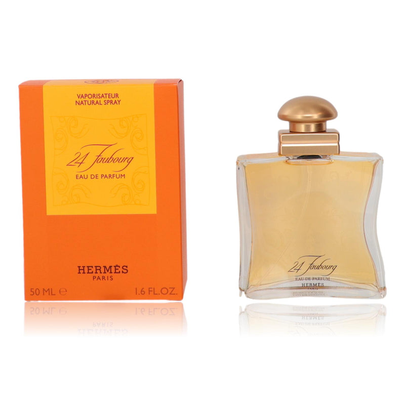 Hermes 24 Faubourg 1.6 oz Eau de Parfum spray for women, featuring elegant glass bottle and floral scent.