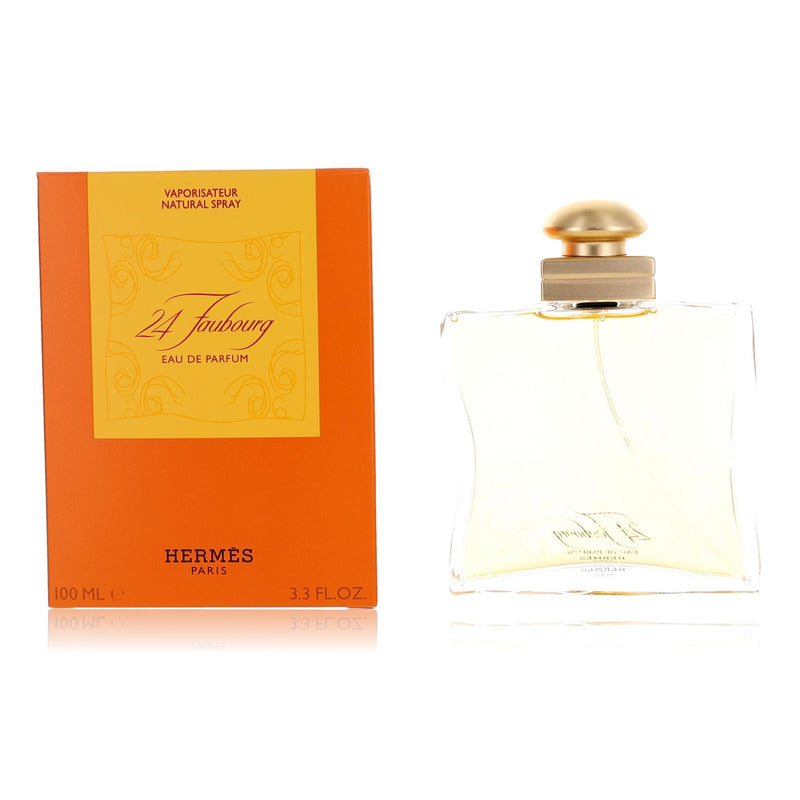Hermes 24 Faubourg 3.3 oz women’s EDP spray bottle with elegant packaging and floral design visible.