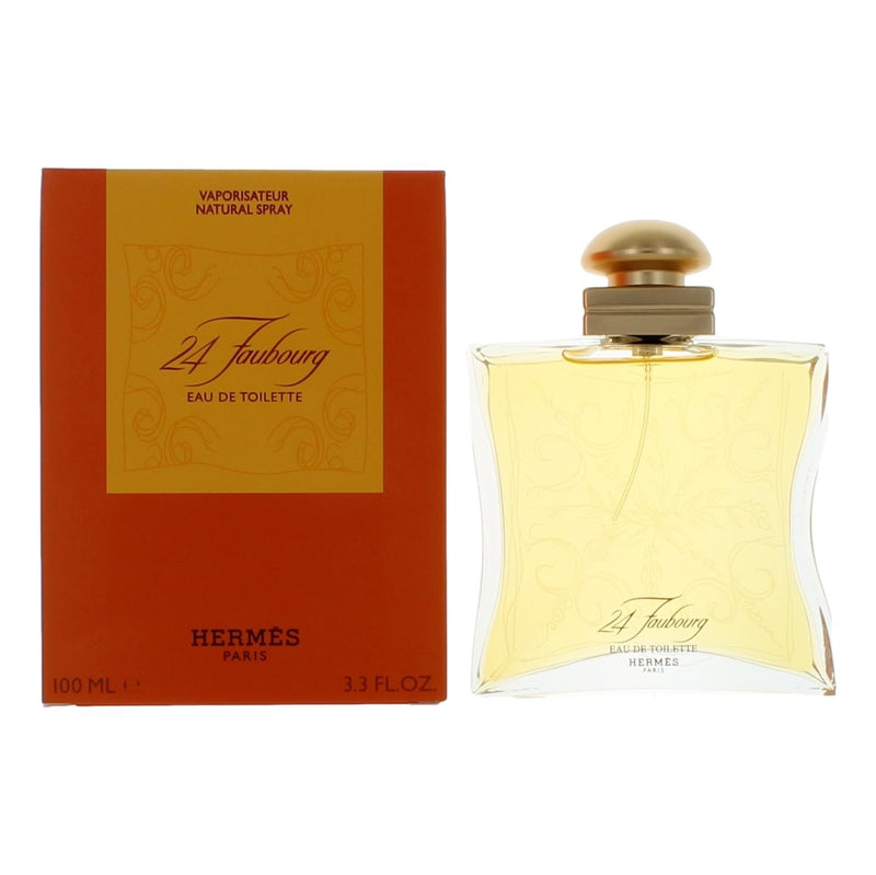 Hermes 24 Faubourg women’s 3.3 oz EDT spray bottle, elegant packaging and floral fragrance visible in the image
