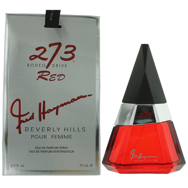 Red by Fred Hayman 2.5 oz women’s EDP spray bottle with sleek red and gold packaging, showcasing the luxury fragrance.