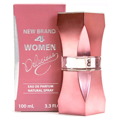 Women’s Delicious 3.3 oz EDP spray by New Brand, showcasing the elegant perfume bottle on a stylish display.