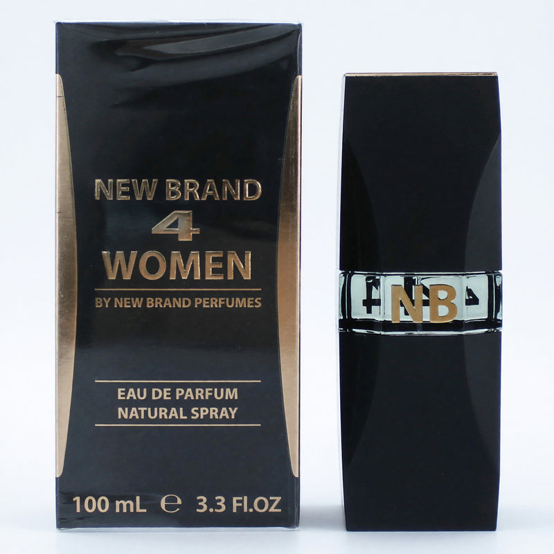 4 Women by New Brand 3.3 oz women's Eau de Parfum spray, elegant glass bottle with floral design visible in the image