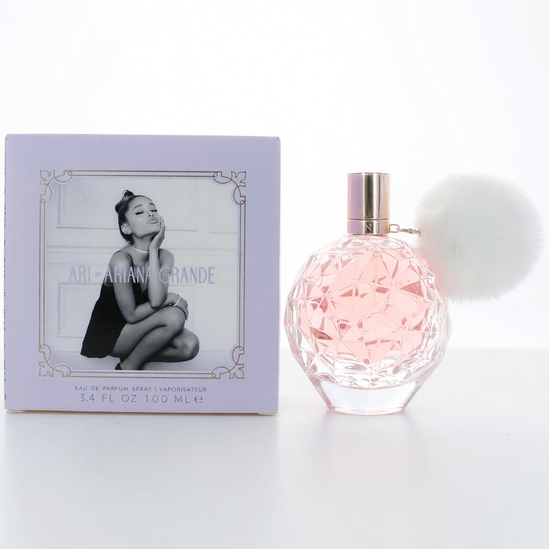 Ariana Grande Ari 3.4 oz women's EDP spray bottle with floral and fruity design, featuring a sleek glass container and gold accents.