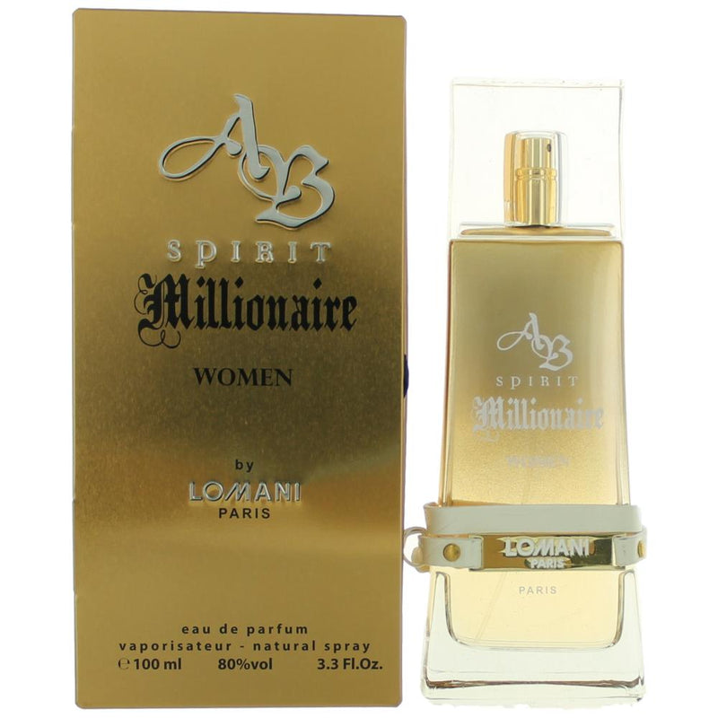 Lomani AB Spirit Millionaire women's 3.3 oz EDP spray bottle with elegant packaging and gold accents.