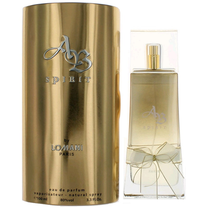 Lomani AB Spirit women’s 3.3 oz EDP spray bottle, elegant perfume with a sleek design, displayed against a neutral background.