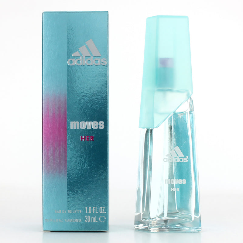 Adidas Moves women's 1 oz EDT spray bottle with sleek design and branding, perfect for everyday wear.