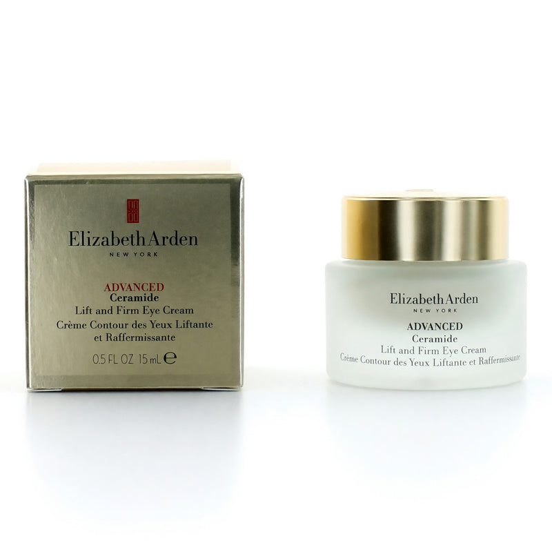 Elizabeth Arden Ceramide Advanced Lift and Firm Eye Cream in 0.5 oz jar, showing the cream's smooth texture and elegant packaging.