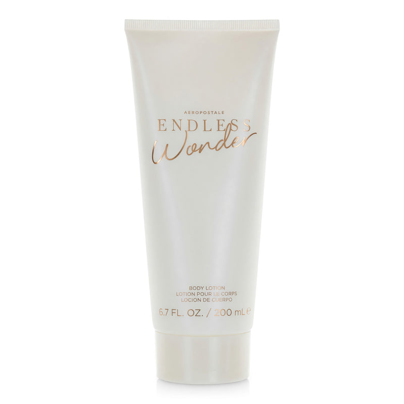 Aeropostale Endless Wonder 6.8 oz body lotion for women, creamy white bottle with floral design and pump dispenser.