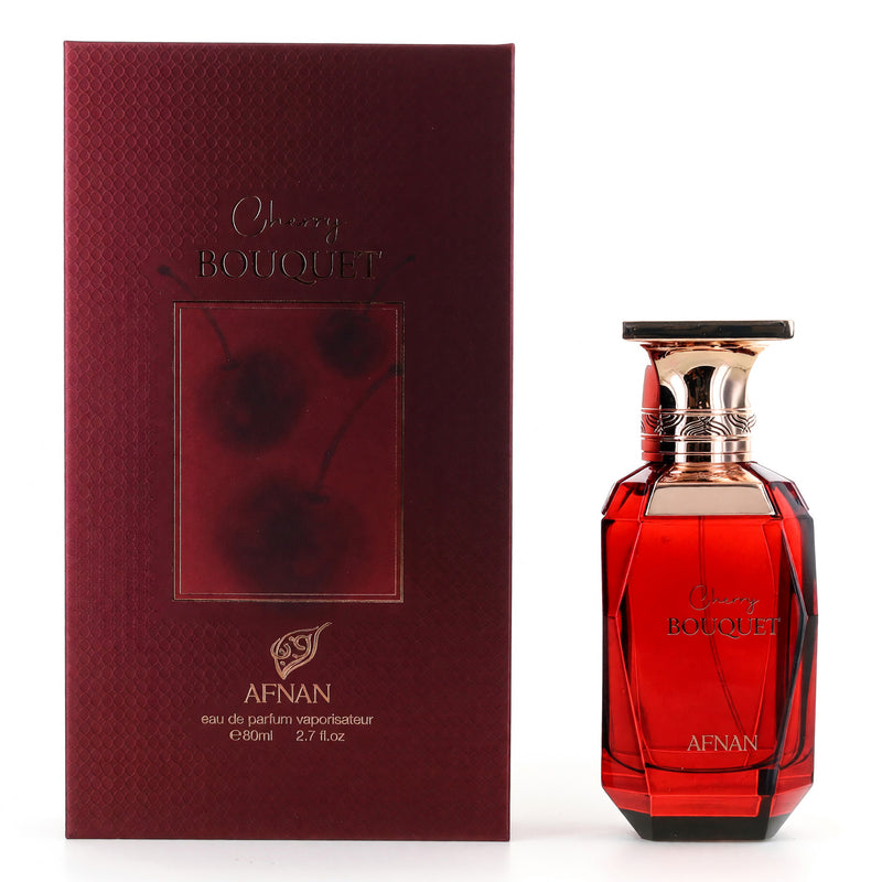 Cherry Bouquet by Afnan 2.7 oz Eau de Parfum spray for women, featuring a floral cherry scent and elegant packaging.