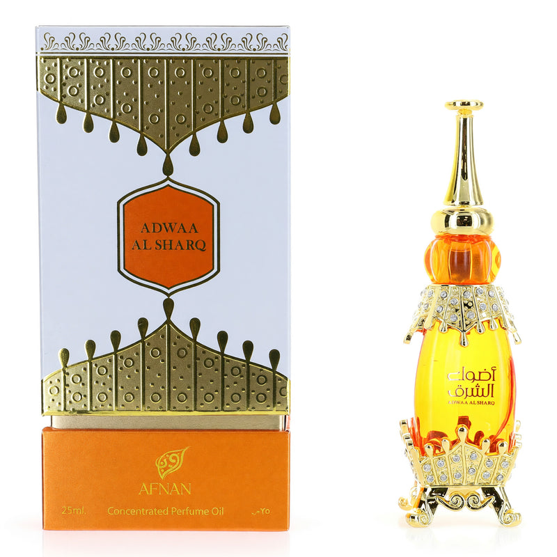 Afnan Adwaa Al Sharq unisex perfume oil bottle with a sleek design, 0.67 oz size, displayed against a neutral background.