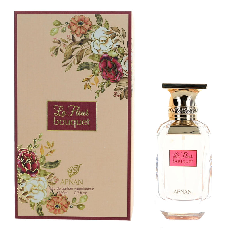 Afnan La Fleur Bouquet 2.7 oz women’s EDP spray bottle with floral design, showcasing the elegant perfume packaging.