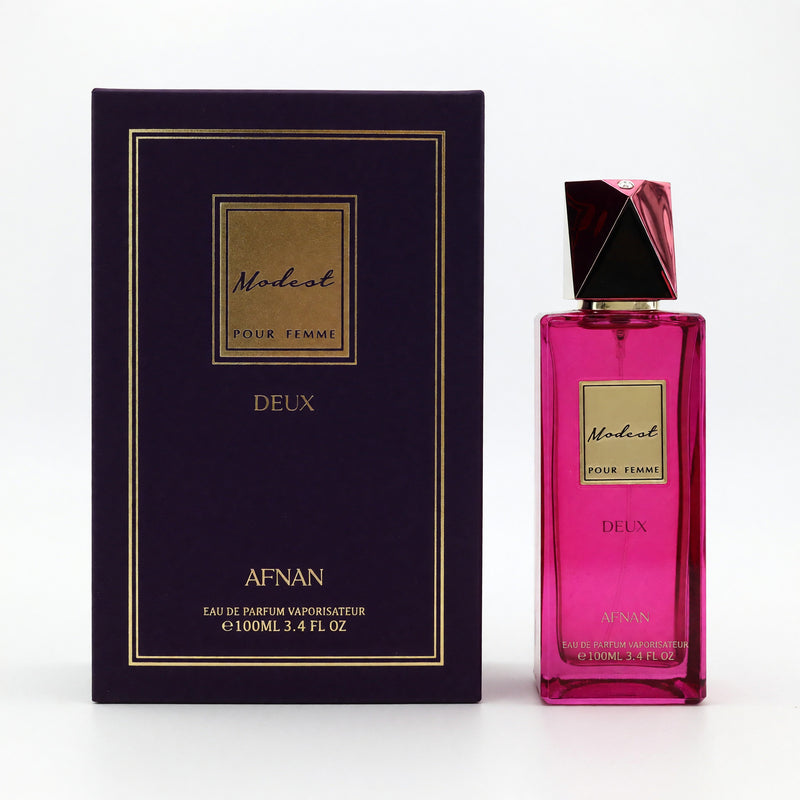 Afnan Modest Deux 3.4 oz women’s EDP spray bottle with elegant packaging and a sleek, modern design.