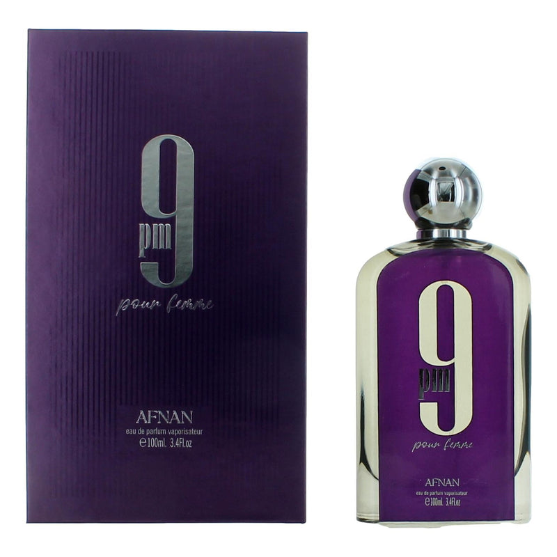 A 3.4 oz Afnan 9 PM perfume spray for women, showcasing the elegant bottle design with a sleek cap and decorative label.
