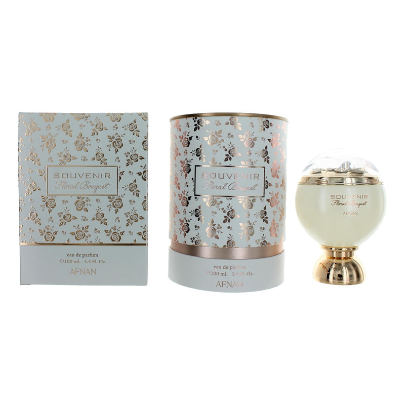A floral bouquet perfume spray by Afnan, 3.4 oz EDP for women, featuring colorful flowers and elegant packaging.