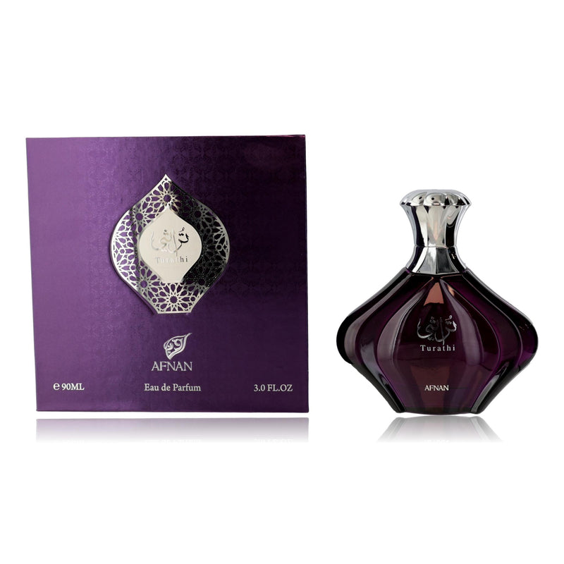 Aflant Turathi Purple by Afnan 3 oz women’s EDP spray bottle, featuring purple branding and elegant packaging.