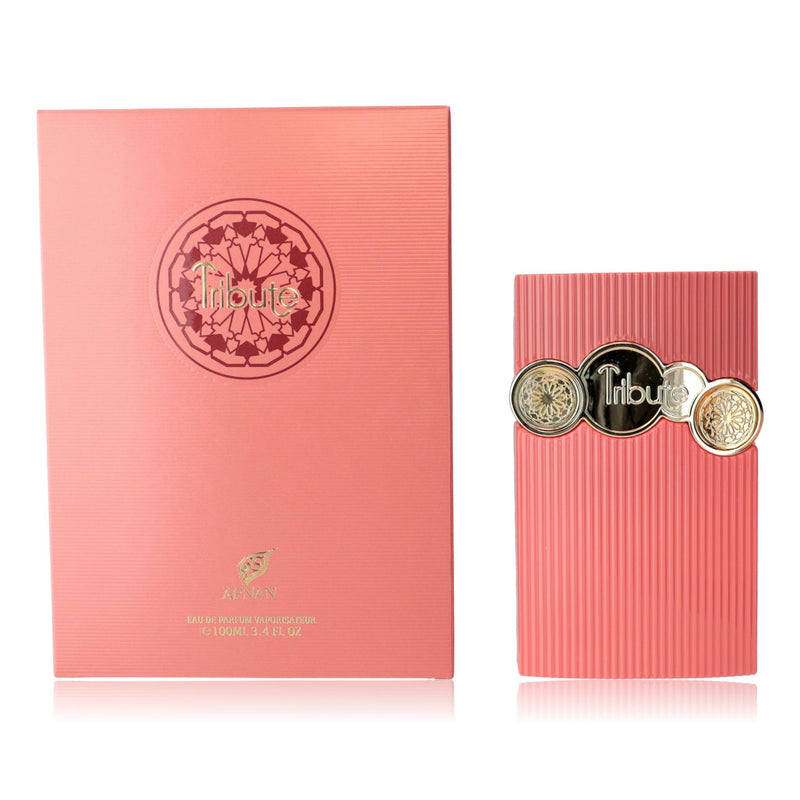 Aunisex Tribute Pink Luxury Afnan 3.4 oz EDP spray bottle with pink and gold packaging.