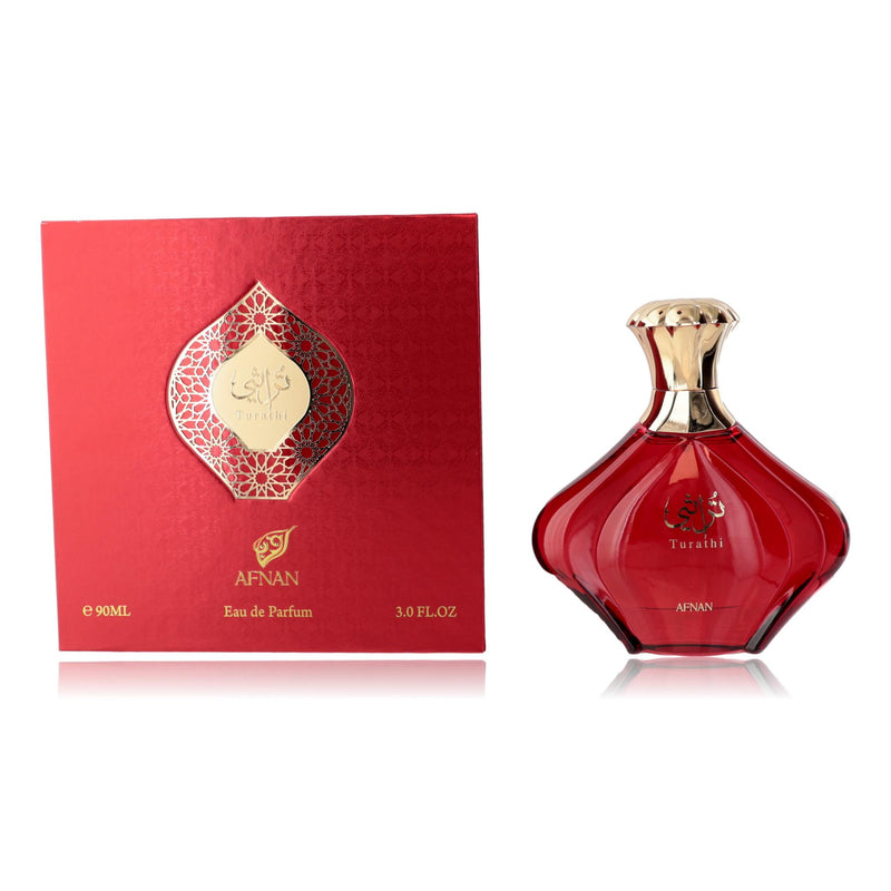 A 3 oz Afnan Turathi Red women’s EDP spray bottle with red and gold packaging, showcasing the luxurious perfume design.