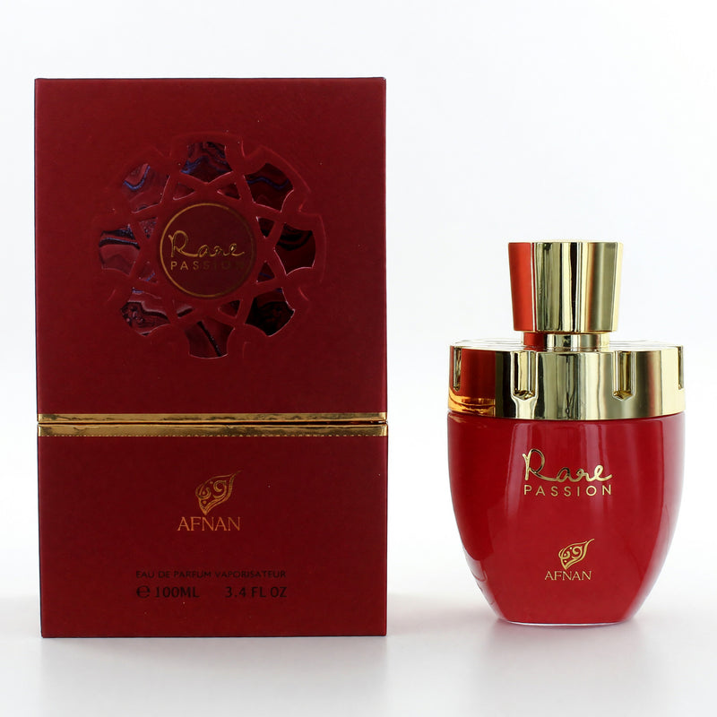 Afnan Rare Passion 3.4 oz women's EDP spray bottle with elegant packaging and floral design.